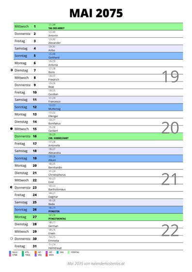 Kalender Mai 2075 im Hochformat mit Notizbereich