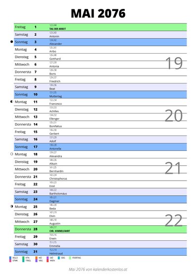 Kalender Mai 2076 im Hochformat mit Notizbereich