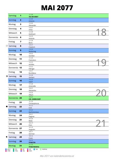Kalender Mai 2077 im Hochformat mit Notizbereich
