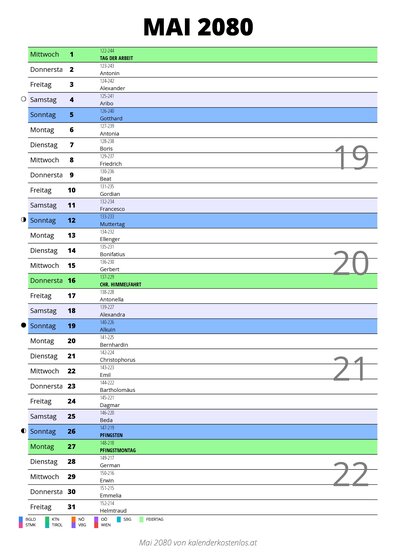 Kalender Mai 2080 im Hochformat mit Notizbereich