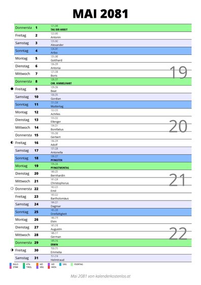 Kalender Mai 2081 im Hochformat mit Notizbereich