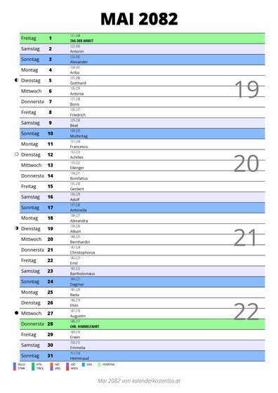 Kalender Mai 2082 im Hochformat mit Notizbereich