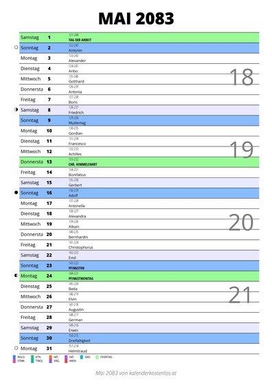 Kalender Mai 2083 im Hochformat mit Notizbereich