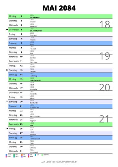 Kalender Mai 2084 im Hochformat mit Notizbereich