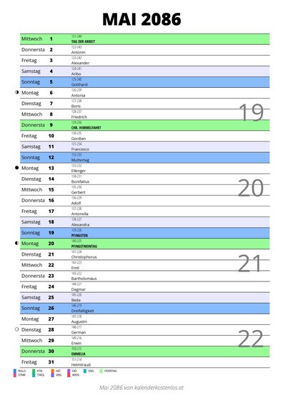 Kalender Mai 2086 im Hochformat mit Notizbereich