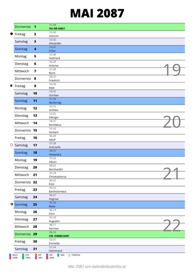 Kalender Mai 2087 im Hochformat mit Notizbereich