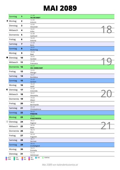 Kalender Mai 2089 im Hochformat mit Notizbereich