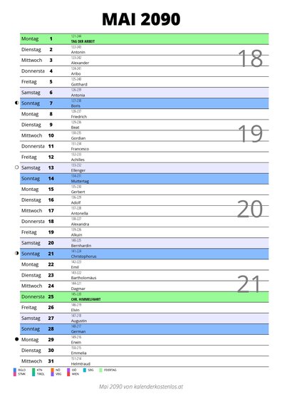 Kalender Mai 2090 im Hochformat mit Notizbereich