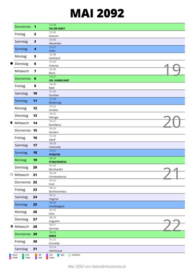 Kalender Mai 2092 im Hochformat mit Notizbereich