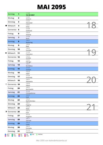 Kalender Mai 2095 im Hochformat mit Notizbereich