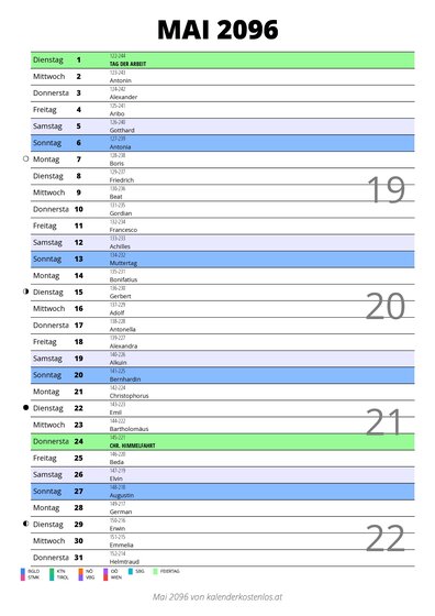 Kalender Mai 2096 im Hochformat mit Notizbereich