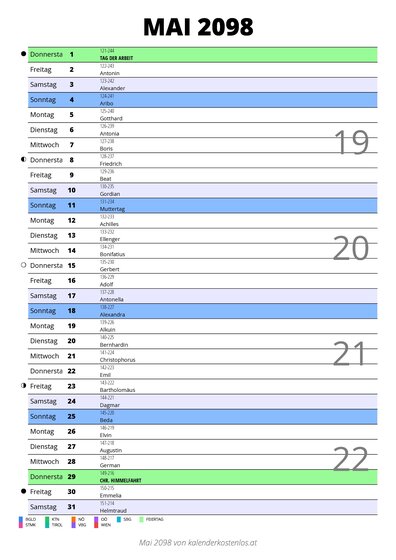 Kalender Mai 2098 im Hochformat mit Notizbereich
