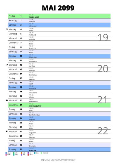 Kalender Mai 2099 im Hochformat mit Notizbereich