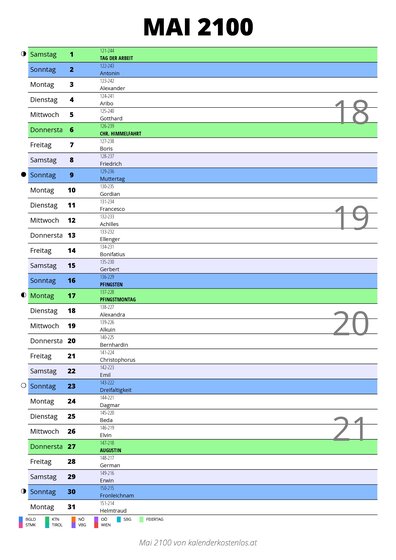 Kalender Mai 2100 im Hochformat mit Notizbereich