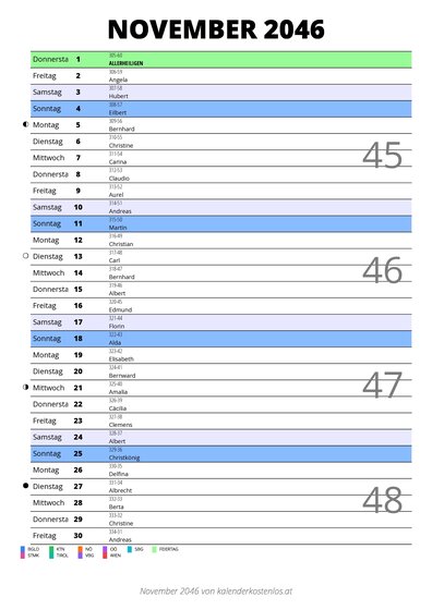 Kalender November 2046 im Hochformat mit Notizbereich