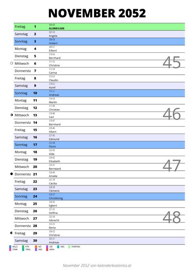 Kalender November 2052 im Hochformat mit Notizbereich