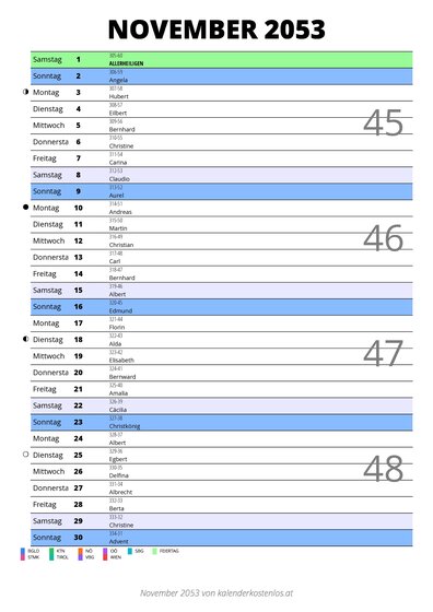 Kalender November 2053 im Hochformat mit Notizbereich