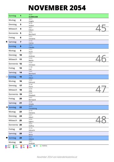 Kalender November 2054 im Hochformat mit Notizbereich