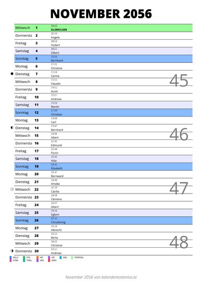 Kalender November 2056 im Hochformat mit Notizbereich