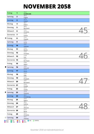 Kalender November 2058 im Hochformat mit Notizbereich