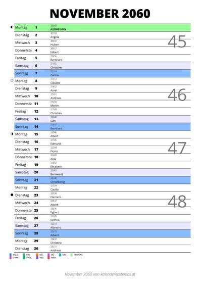 Kalender November 2060 im Hochformat mit Notizbereich