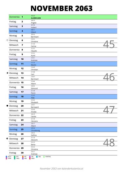 Kalender November 2063 im Hochformat mit Notizbereich