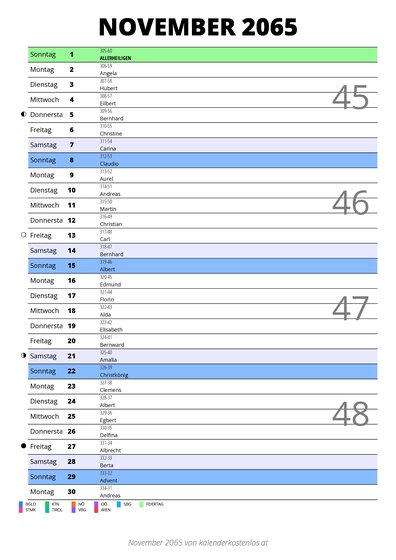 Kalender November 2065 im Hochformat mit Notizbereich