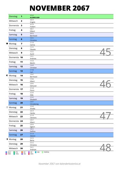 Kalender November 2067 im Hochformat mit Notizbereich