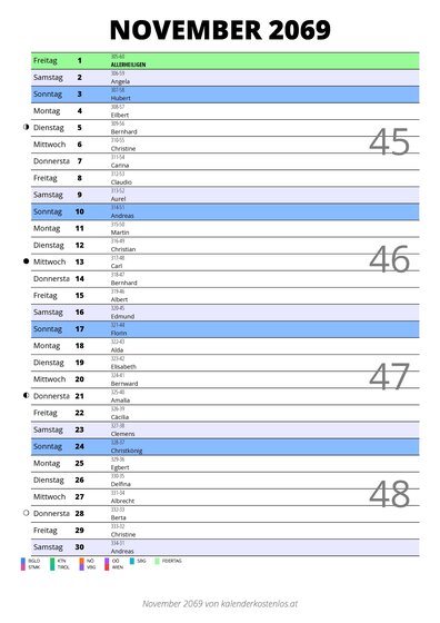 Kalender November 2069 im Hochformat mit Notizbereich