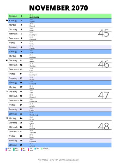 Kalender November 2070 im Hochformat mit Notizbereich