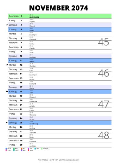 Kalender November 2074 im Hochformat mit Notizbereich