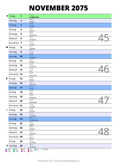 Kalender November 2075 im Hochformat mit Notizbereich