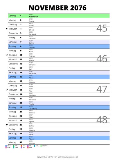 Kalender November 2076 im Hochformat mit Notizbereich