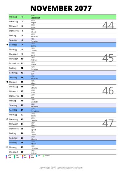 Kalender November 2077 im Hochformat mit Notizbereich
