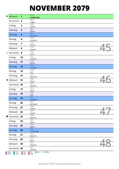 Kalender November 2079 im Hochformat mit Notizbereich