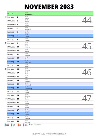 Kalender November 2083 im Hochformat mit Notizbereich
