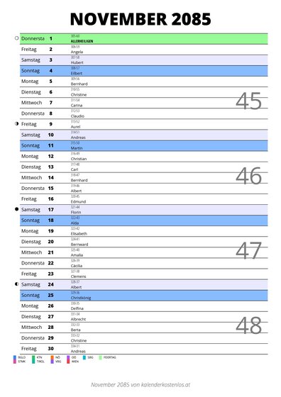 Kalender November 2085 im Hochformat mit Notizbereich