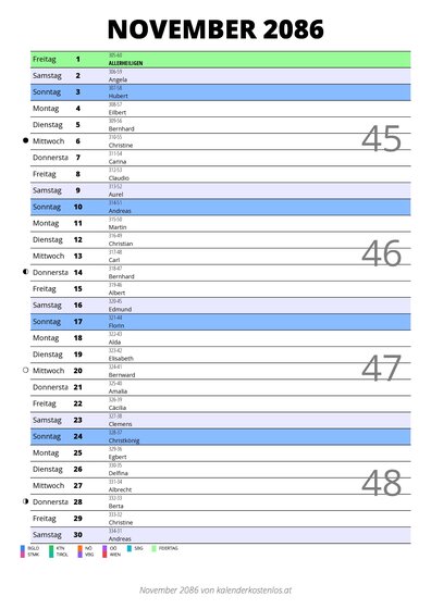 Kalender November 2086 im Hochformat mit Notizbereich