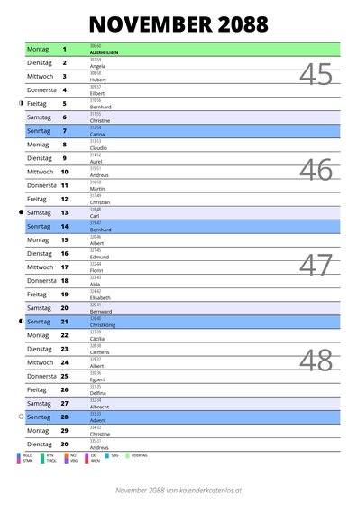 Kalender November 2088 im Hochformat mit Notizbereich