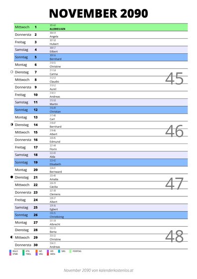 Kalender November 2090 im Hochformat mit Notizbereich