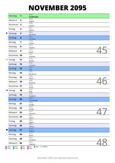 Kalender November 2095 im Hochformat mit Notizbereich