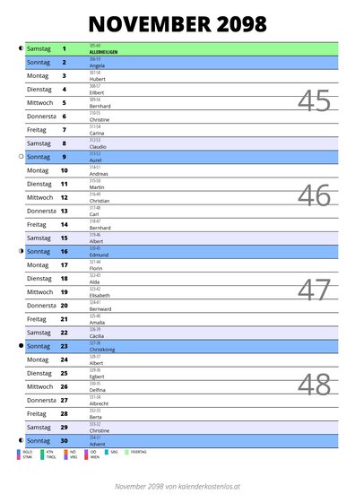 Kalender November 2098 im Hochformat mit Notizbereich