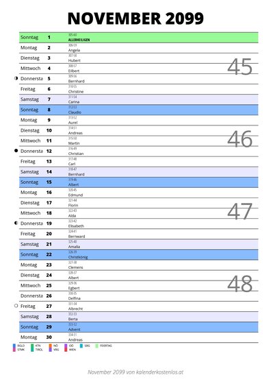 Kalender November 2099 im Hochformat mit Notizbereich