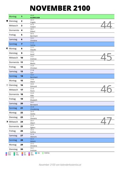 Kalender November 2100 im Hochformat mit Notizbereich