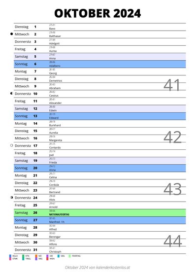 Kalender Oktober 2024 im Hochformat mit Notizbereich
