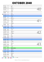 Kalender Oktober 2040 im Hochformat mit Notizbereich