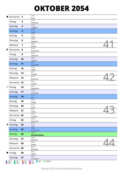 Kalender Oktober 2054 im Hochformat mit Notizbereich