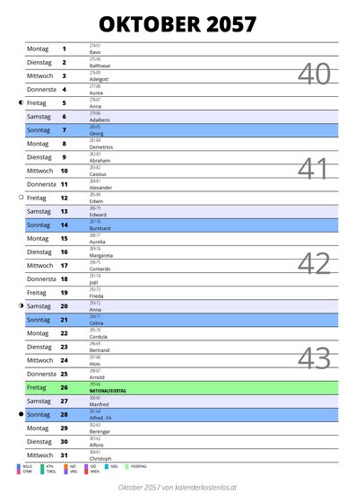 Kalender Oktober 2057 im Hochformat mit Notizbereich