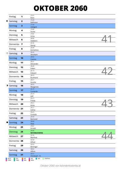 Kalender Oktober 2060 im Hochformat mit Notizbereich