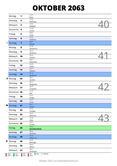Kalender Oktober 2063 im Hochformat mit Notizbereich